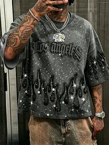 ✨ Los Angeles Rhinestone Flame Drip Loose T-Shirt - Y2K Retro Street Style, Shiny Graphic Pattern T-Shirt, Trendy Los Angeles Aesthetic for Men and Women