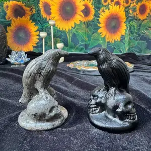 Yooperlite and Black obsidian Raven ride on the skull Western Figurine Statue