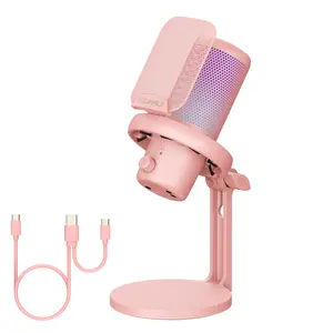 FEELWORLD VM1 Pink Gaming PC USB Microphone Condenser Mic Noise Cancellation RGB Light Mute, Computer Accessories for Gamer YouTube Twitch Podcast Streaming Recording Chat PS4 PS5
