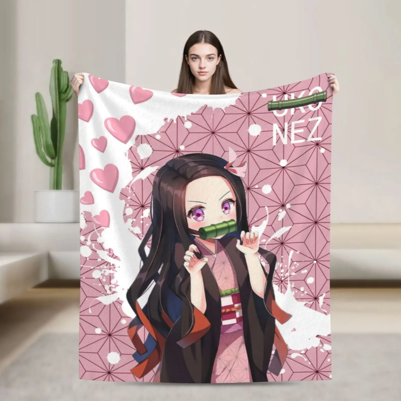 Demon Slayer Nezuko Print Microfibre Blanket - Glam, Breathable, Stain-Resistant, Soft, Durable, Machine-Washable, Ideal for Home & Travel, Perfect Gift for Anime Fans