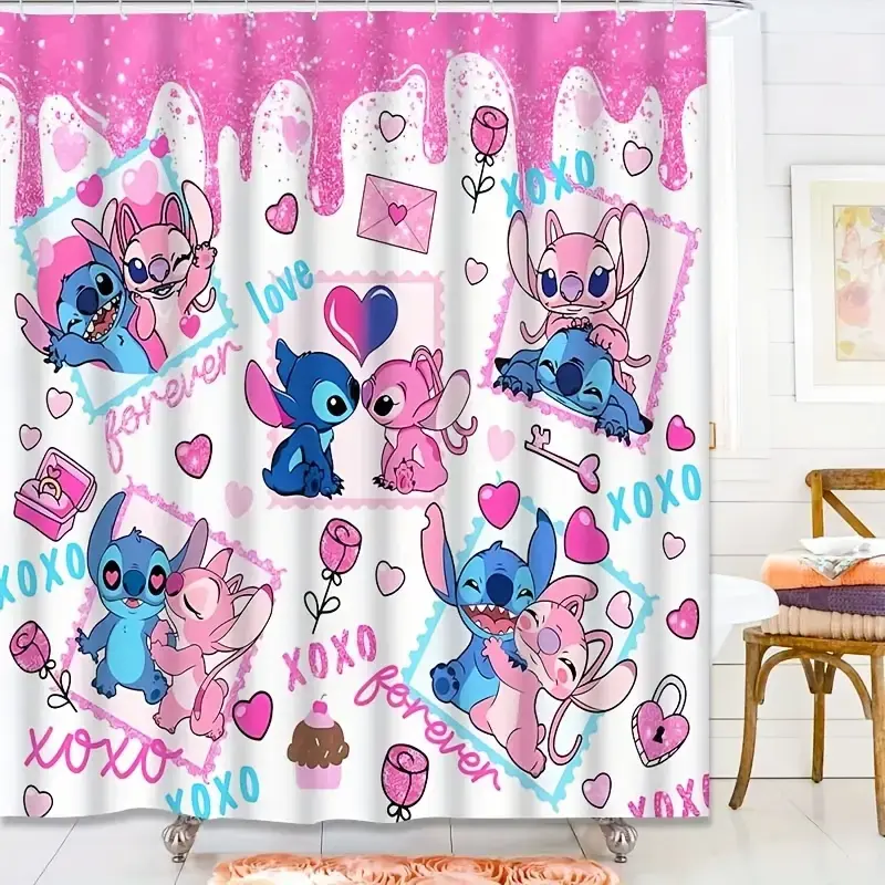 Disney Classic Cartoon Stitch and Angel Shower Curtain - Bathroom Curtains with 12 Durable Hooks, Home Decor, New Home Gift Option