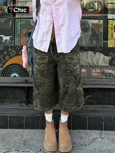 Vintage Washed Camo Camouflage Baggy Cargo Pocket Jorts, Y2K Grunge Aesthetic Wide-Leg Casual Shorts, Perfect for Record Store Runs & Festival
