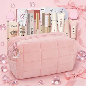 11 Piece Romantic Makeup Set, All-in-One Makeup Bag,Pink keychain, Foundation, Setting Powder, Dual-tone Blush Palette, Lip Gloss, Lash Primer, Contour Stick & Sponge, Gift for Valentine‘s Christmas Women‘s Day