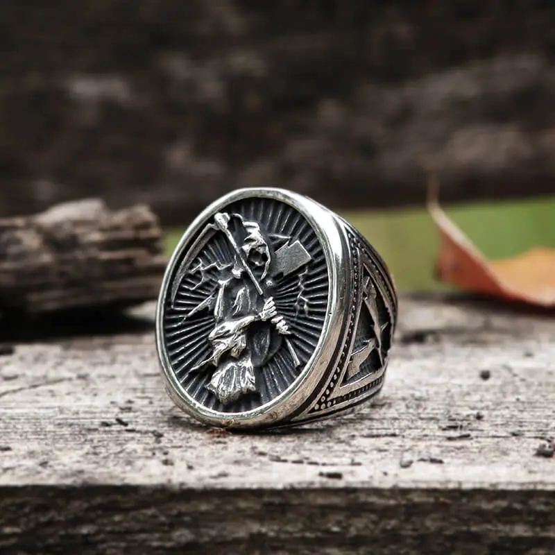GTHIC Vintage Reaper Scythe Stainless Steel Skull Ring Statement Jewelry for Men Daily Wear