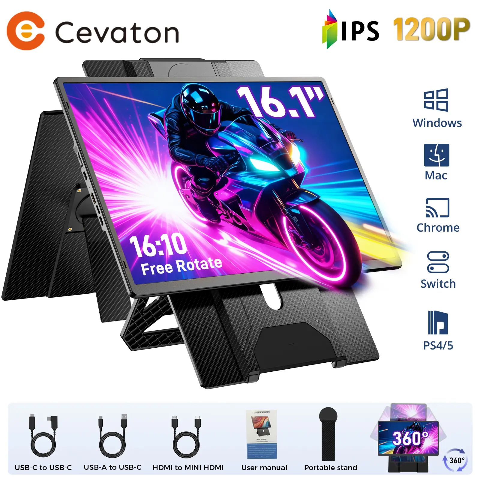 Cevaton 16.1" Portable Monitor for Laptop, Laptop Monitor Extender, 1200P Second Screen, 360° Rotating Portable Display for Work, Study, Gaming, PS5, Switch, USB-C/HDMI Connection, Monitor Only