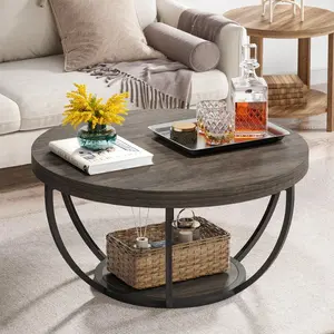 Tribesigns Round Coffee Table, Industrial 2-Tier Circle Table with Storage Shelves, 31.7" Wooden Accent Center Table for Living Room, Home Office