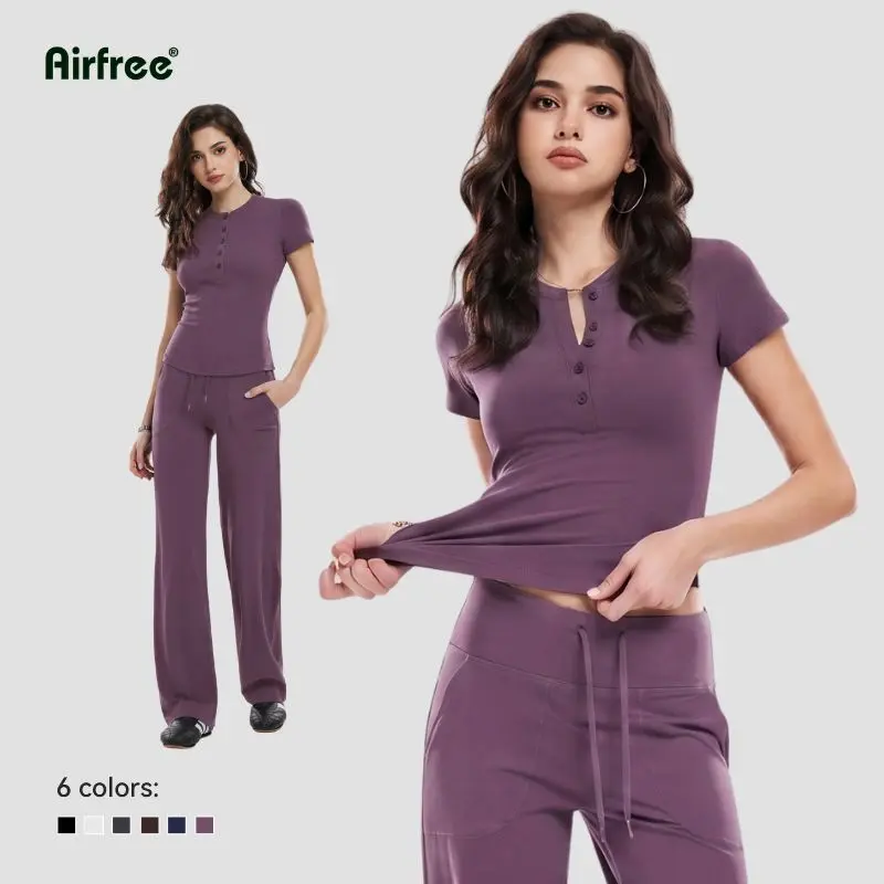 Airfree Women's 2 Piece Lounge Set Outfit Flattering Henley Slim Fit Tee with Drawstring Straight Leg Pant, Casual Lounge Matching Set, Slim Fit, Tall & Regular Length Friendly Minimal Chic Everyday Outfit, Workout Sets, sohochic, TikTokShopBackToSchool
