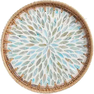 Round Rattan Tray with Mother of  Inlay, Rattan Serving Tray for Coffee, Bread, Fruits, Decorative Wicker Tray for Table Decor, Home Decor, Kitchen Island Decor (Ambilight, 11.8")