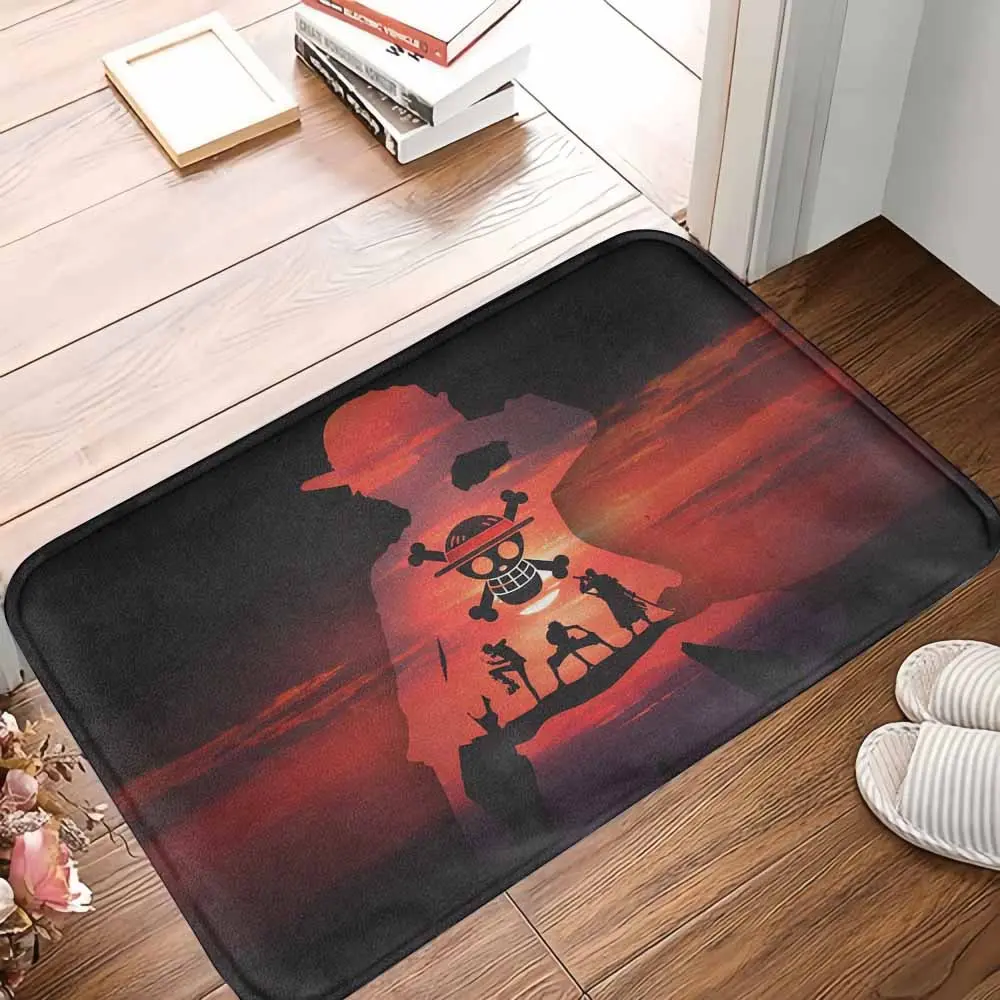 Anime Silhouette Floor Mat， Vibrant Sunset Adventure Graphic， NonSlip Absorbent Durable Fabric， Perfect For Modern Living Room Decor， Gaming Room Setup， Unique Birthday Gift For Enthusiasts,back to school,dorm essentials,home decor,home essentials