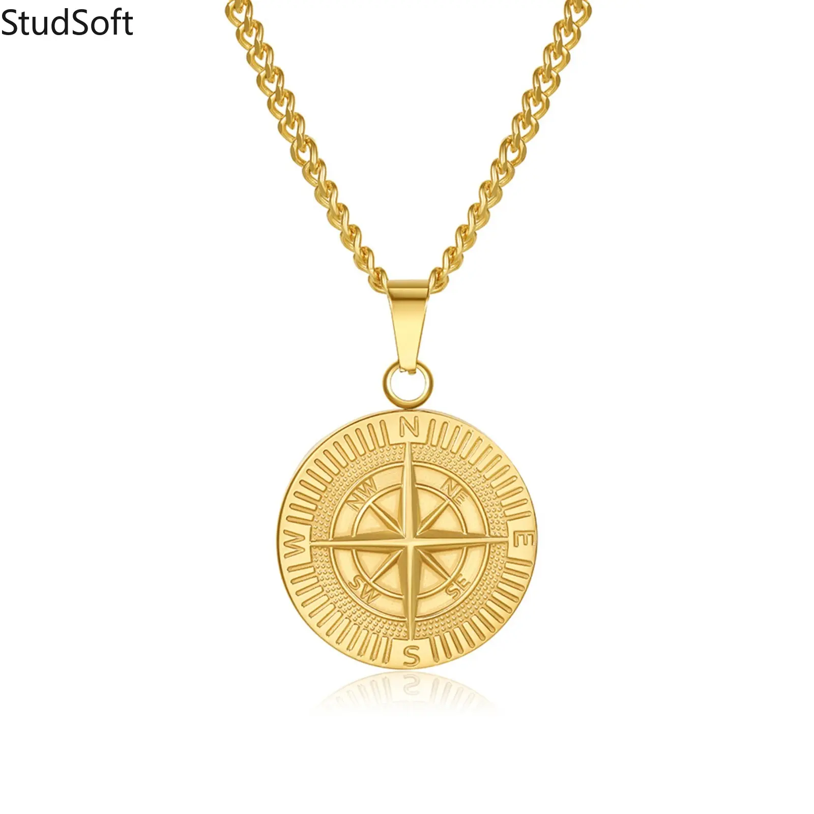 Men's Stainless Steel Compass Pendant Necklace, Punk Hip-Hop Style Coin Design, Fade-Resistant Fashion Jewelry, Necklaces, Chain Necklace