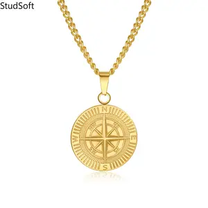 2026 New Arrival: Stainless Steel Compass Pendant Necklace — Punk Style, Fade-Resistant Coin Compass Design — Men's Hip-Hop Necklace