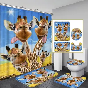 1PC/4PCS 2D Flat Printing Yellow and Blue Giraffe Group Patterned shower curtain, home bathroom decor, shower curtain set with 12 hooks, non-slip bathroom rug, U-shaped toilet seat cover, toilet seat mat, Bathroom Decoration Accessories