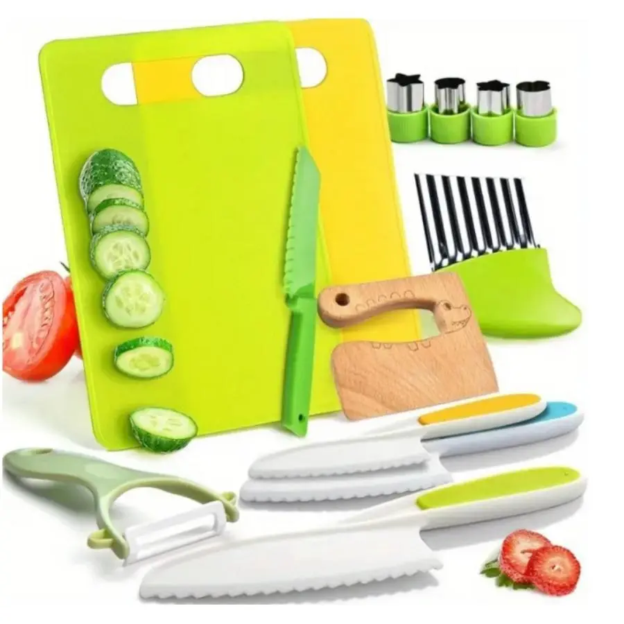 Children's Kitchen Tool Set, Montessori Kitchen 13pcs/set Including Knife, Peeler, Cutter, Cutting Board and Baking Embossing Tools, Kitchen Utensils & Gadgets, Pretend Play Kitchen Accessories Miniature Cooking Set, Toddler Cooking Playset