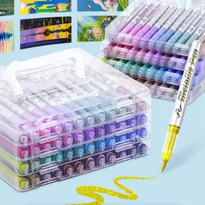 Metallic Brush Marker Pens,Automatic Ink Control Acrylic Paint Metallic Markers With Layered Storage Box, for Rock Painting, Ceramic, Wood, Canvas, Glass, Card Making, DIY, Art Craft Supplies