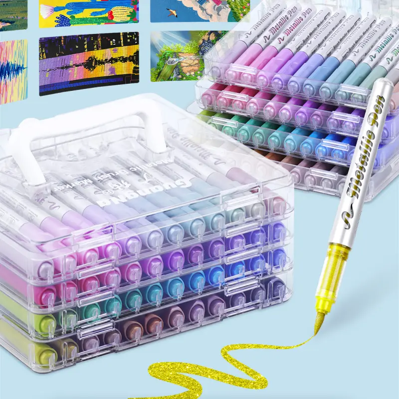 Metallic Brush Marker Pens,Automatic Ink Control Acrylic Paint Metallic Markers With Layered Storage Box, for Rock Painting, Ceramic, Wood, Canvas, Glass, Card Making, DIY, Art Craft Supplies