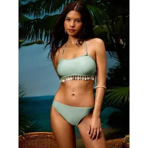 Cider Halter Neckline Shell Tassel Hem Tube top Bikini Set