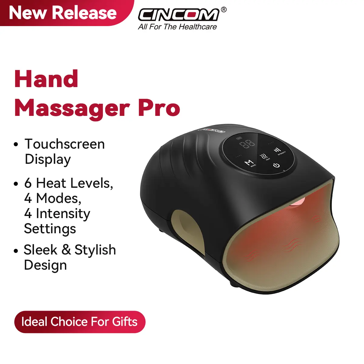 CINCOM Cordless Hand Massager with Display & Temperature Control for Blood Circulation, Compact Device with Advanced Airwave Technology, 4 Modes & 6 Heat Levels, Battery-Powered Wireless Massage Devices, Blood Circulation Massage Devices