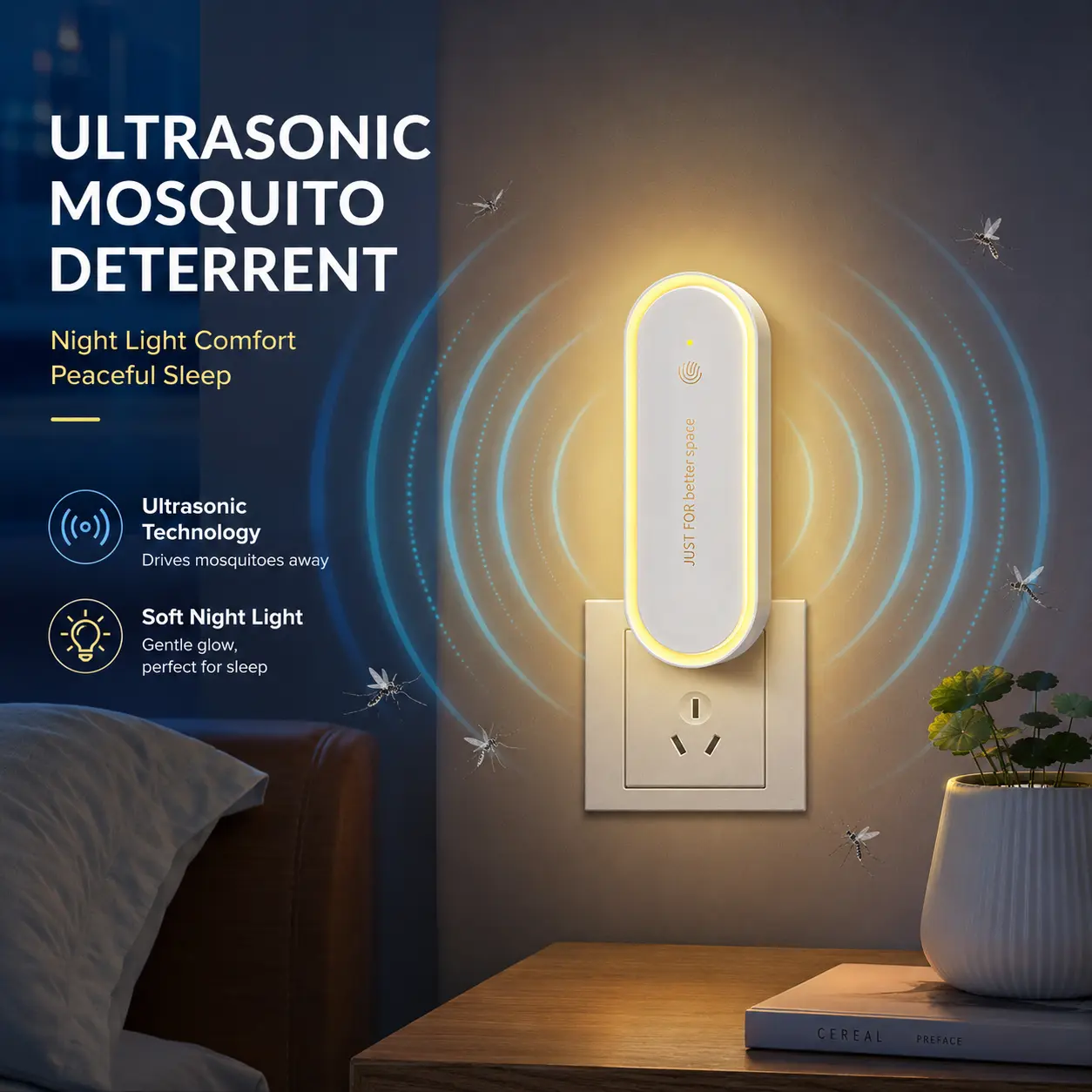 Plug-in Ultrasonic Bug Repellent Night Light, Household Aroma Diffuser Lamp for Indoor Mosquito & Pest Deterrence
