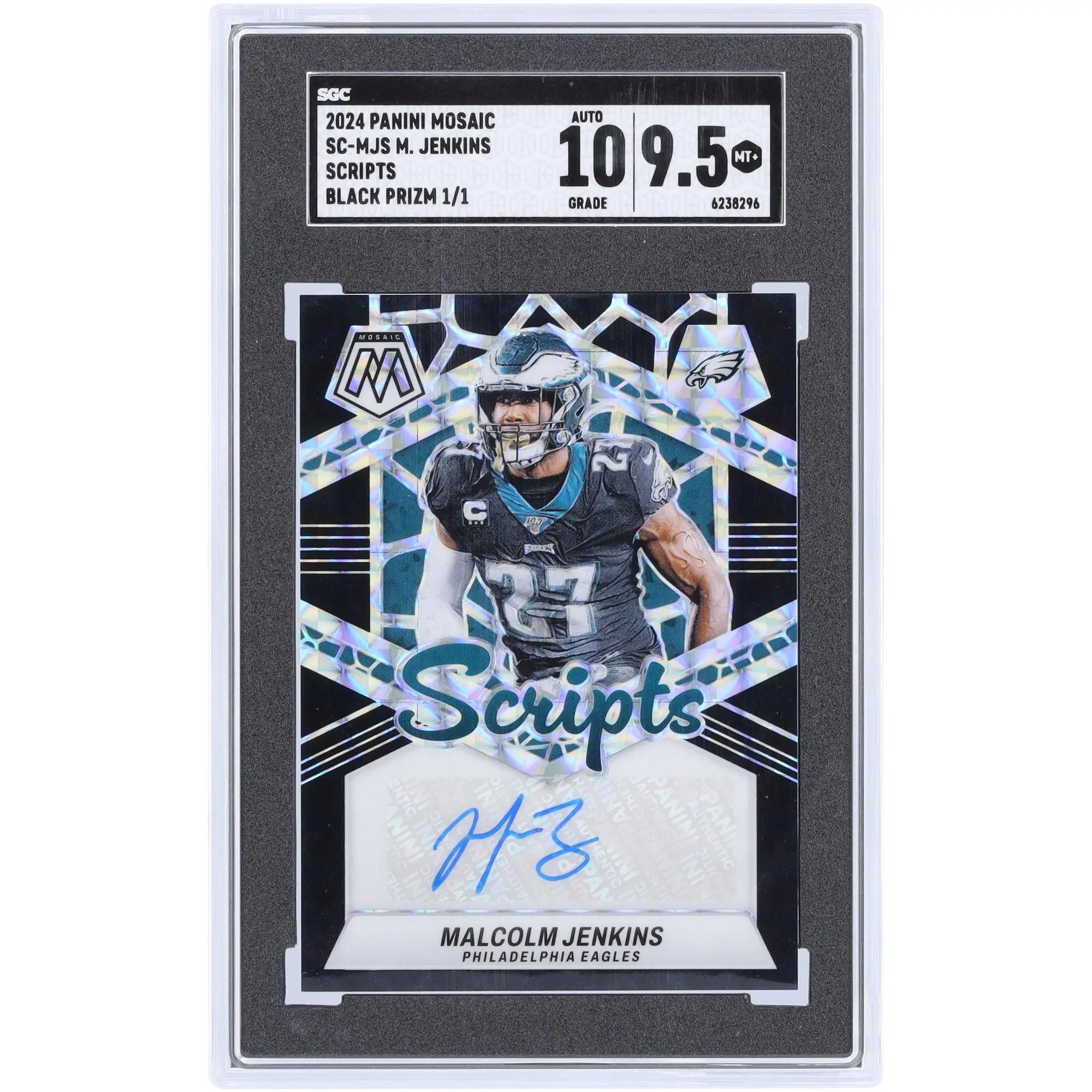 Malcolm Jenkins Philadelphia Eagles Autographed 2024 Panini Mosaic Black Prizm Scripts #SC-MJS #1/1 SGC Authenticated 9.5/10 Card - Fanatics Authentic Certified