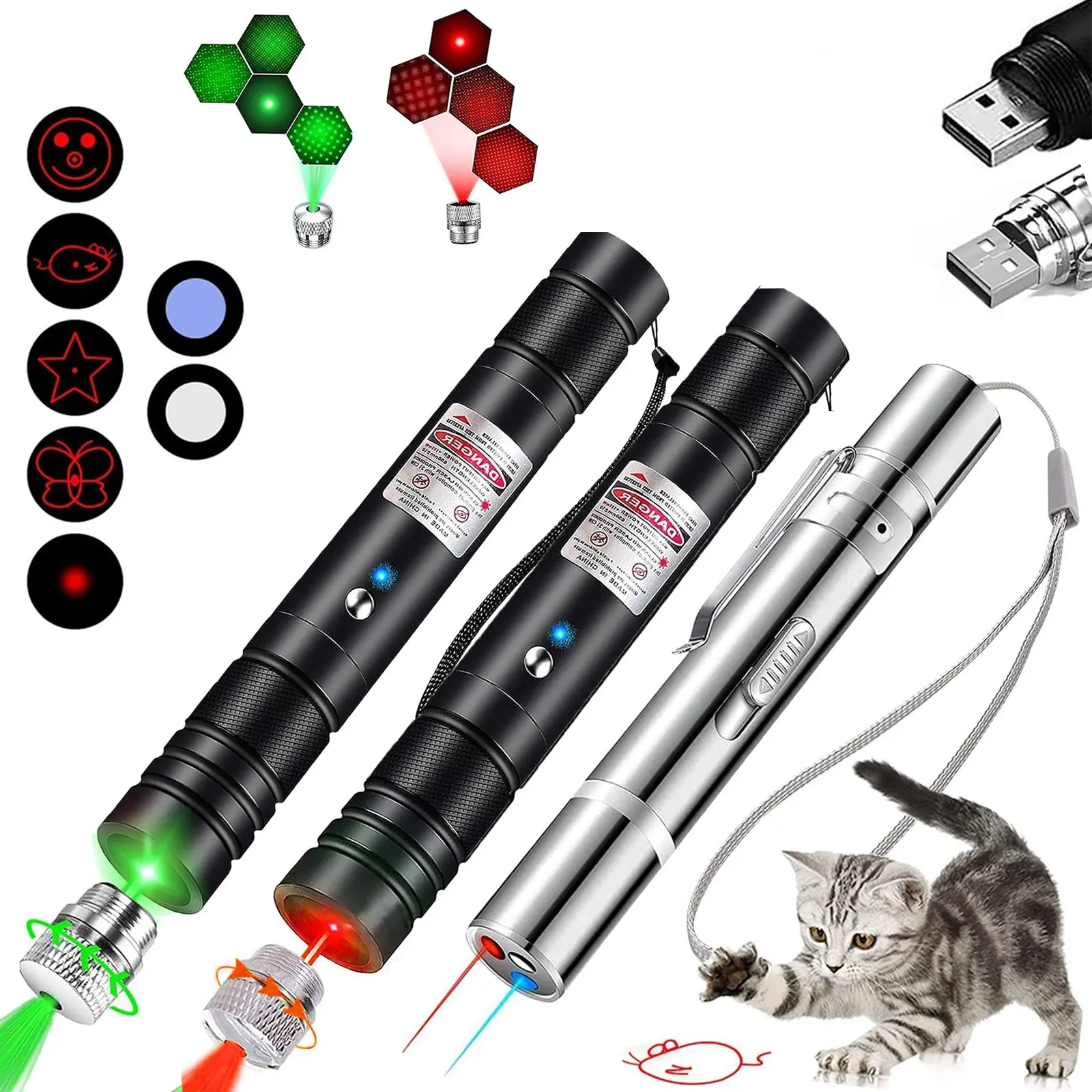 3-Piece USB Rechargeable Pet Laser Toy Set, Silver Color Laser Pointer, Handheld Laser Pen with 5 Adjustable Modes, Training & Fun for Cats & Dogs