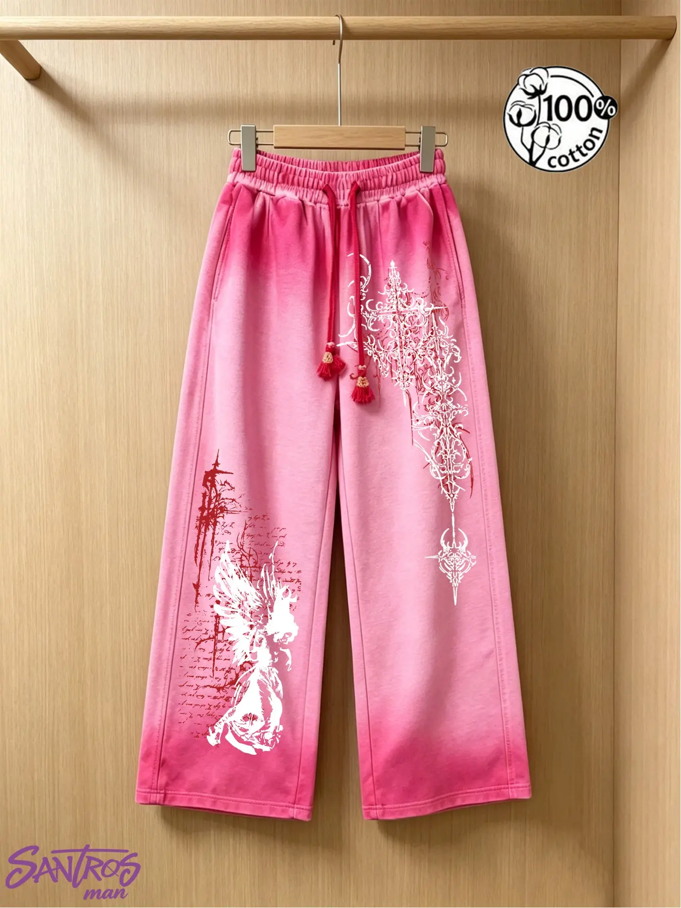 Unisex 100% Cotton Pink Gradient Oversized Loose Baggy Casual Sweatpants with Gothic Angel Graphic Print American Y2K High Street Casual Streetwear Wide Leg Pants Bottoms