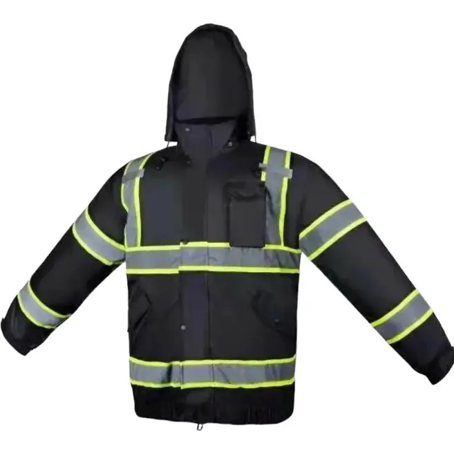 Men's Solid Black Safety Waterproof Work Jacket, Stylish Protective Outerwear with a Detachable Hood, Sleek Design, Stylish Design, Safety Waterproof Jacket