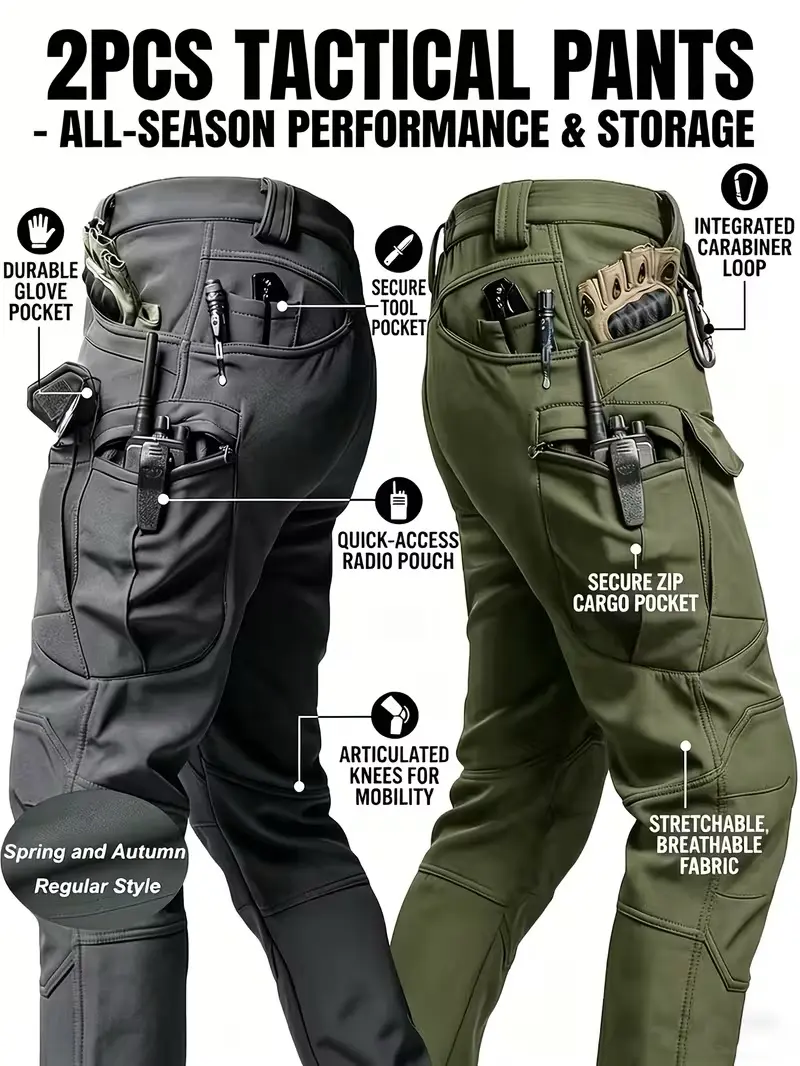 2PCS Men’s Tactical Pants – Stretch Waterproof Fabric, Durable Cargo Pants for Hiking, Casual Wear & Work, Multiple Pockets (No Belt)