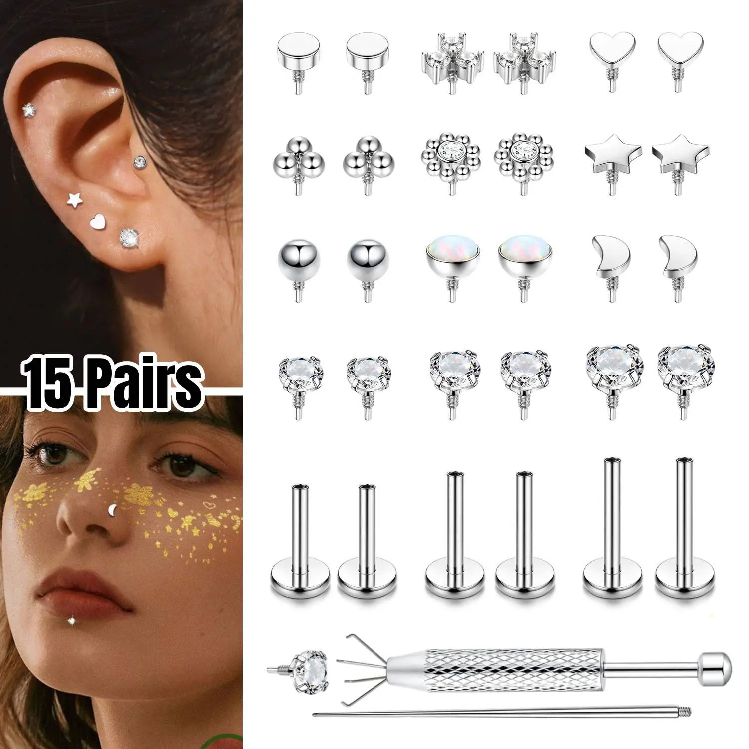 1Set Stainless Steel Flat Back Earrings Stud Surgical Threadless Push in Nose Stud Tragus Helix Lip Medusa Piercing Jewelry