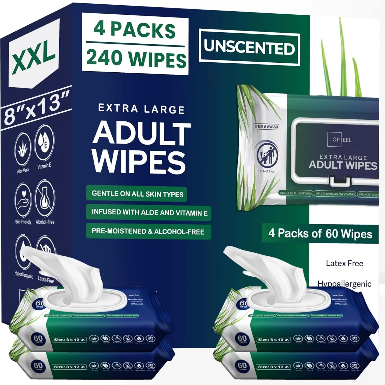 OPTEEL Extra Large Adult Wet Wipes with Vitamin E & Aloe, Unscented & Hypoallergenic Disposable Washcloths for Sensitive Skin, Latex-Free, 8" x 13", 240 Count (4 Packs of 60), Comfortable