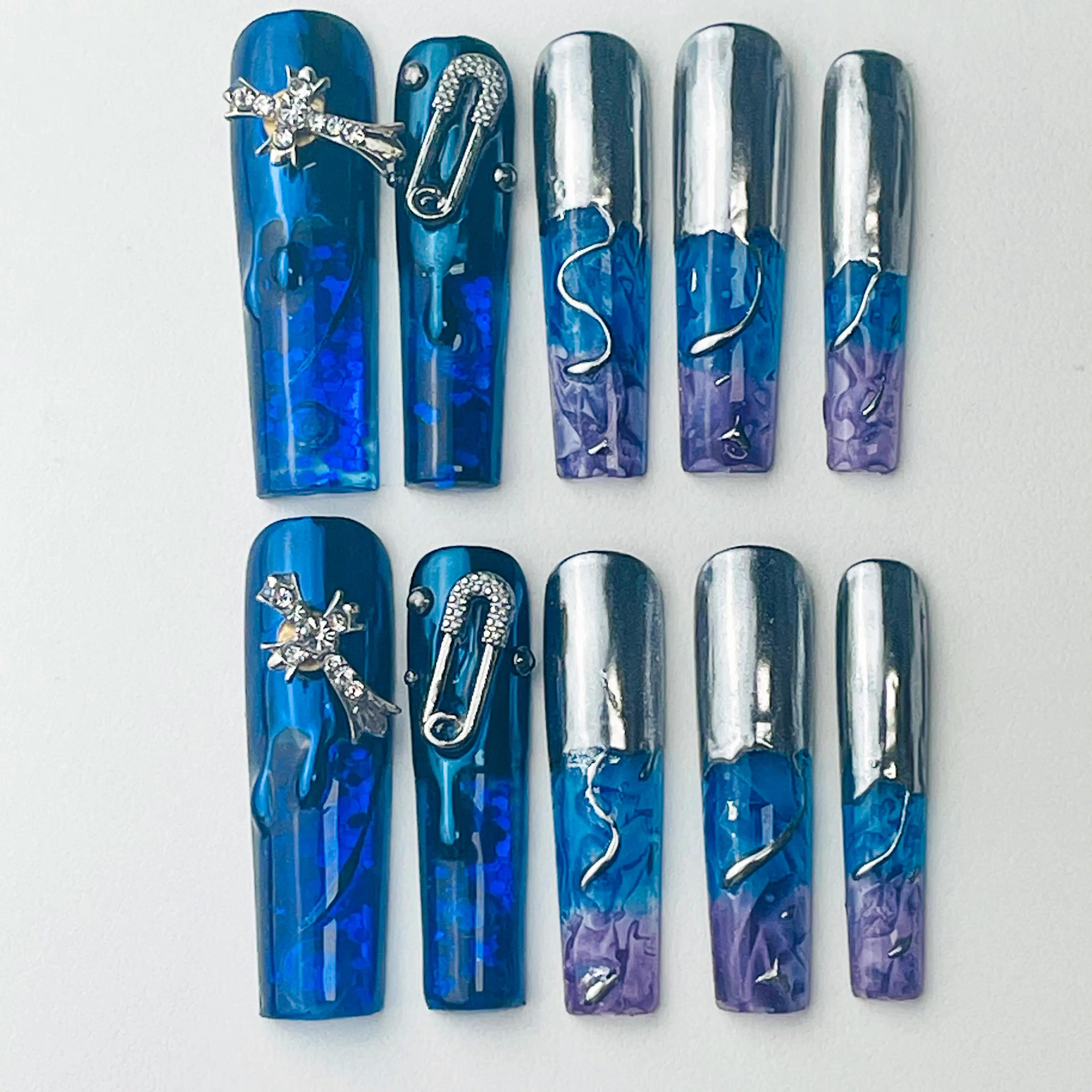 DiDazzle Chrome Abyss Aquarium Press-On Nails - Silver-Blue Liquid Core, Long Square Mermaid Style, Viral TikTok Trend Nail Art Accessories