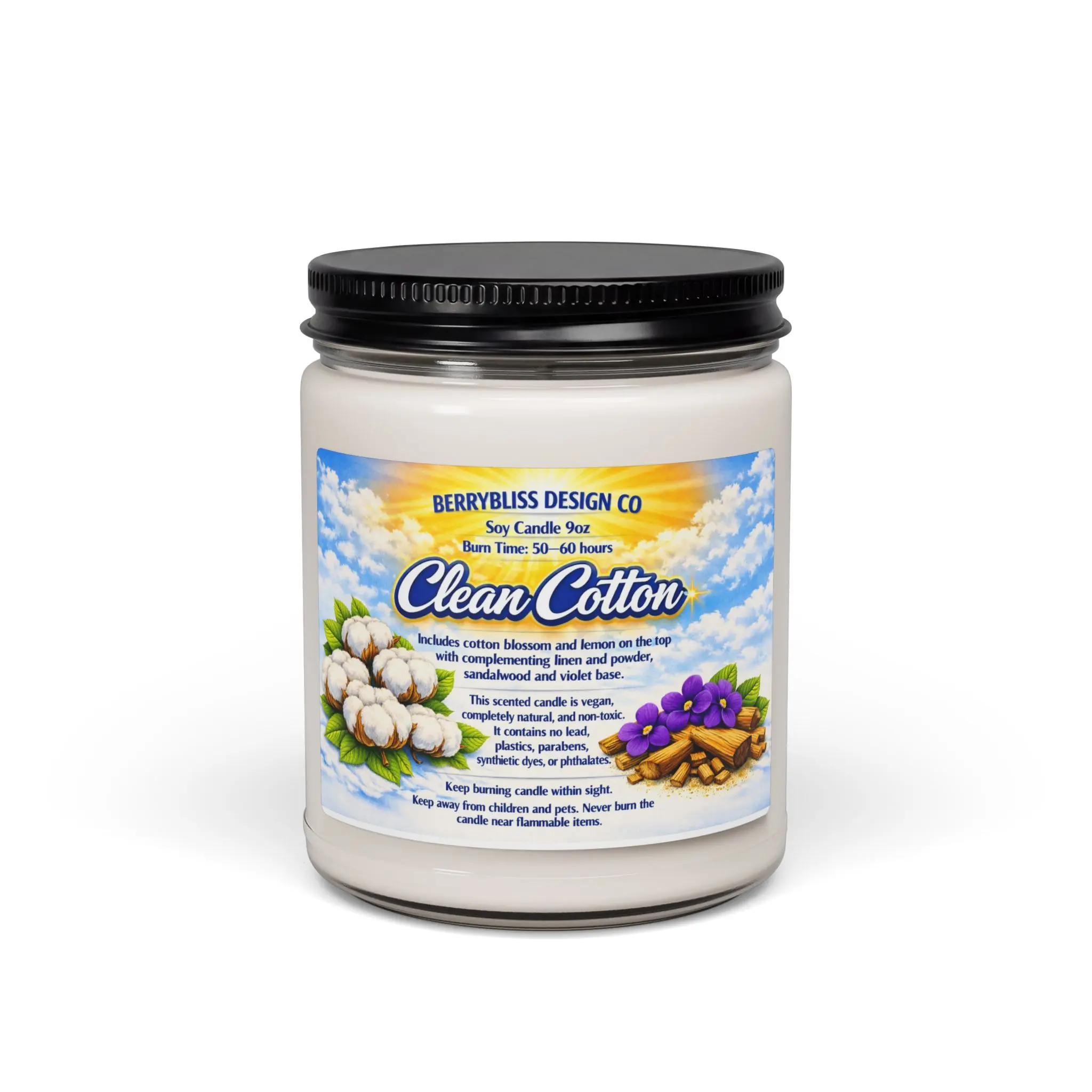 9oz Clean Cotton Scented Natural Wax Soy Candle - Fresh Linen & Cotton Blossom Fragrance, Non-Toxic, 50-60 Hrs Burn Time, Reusable Jar, Home Decor & Household Supply