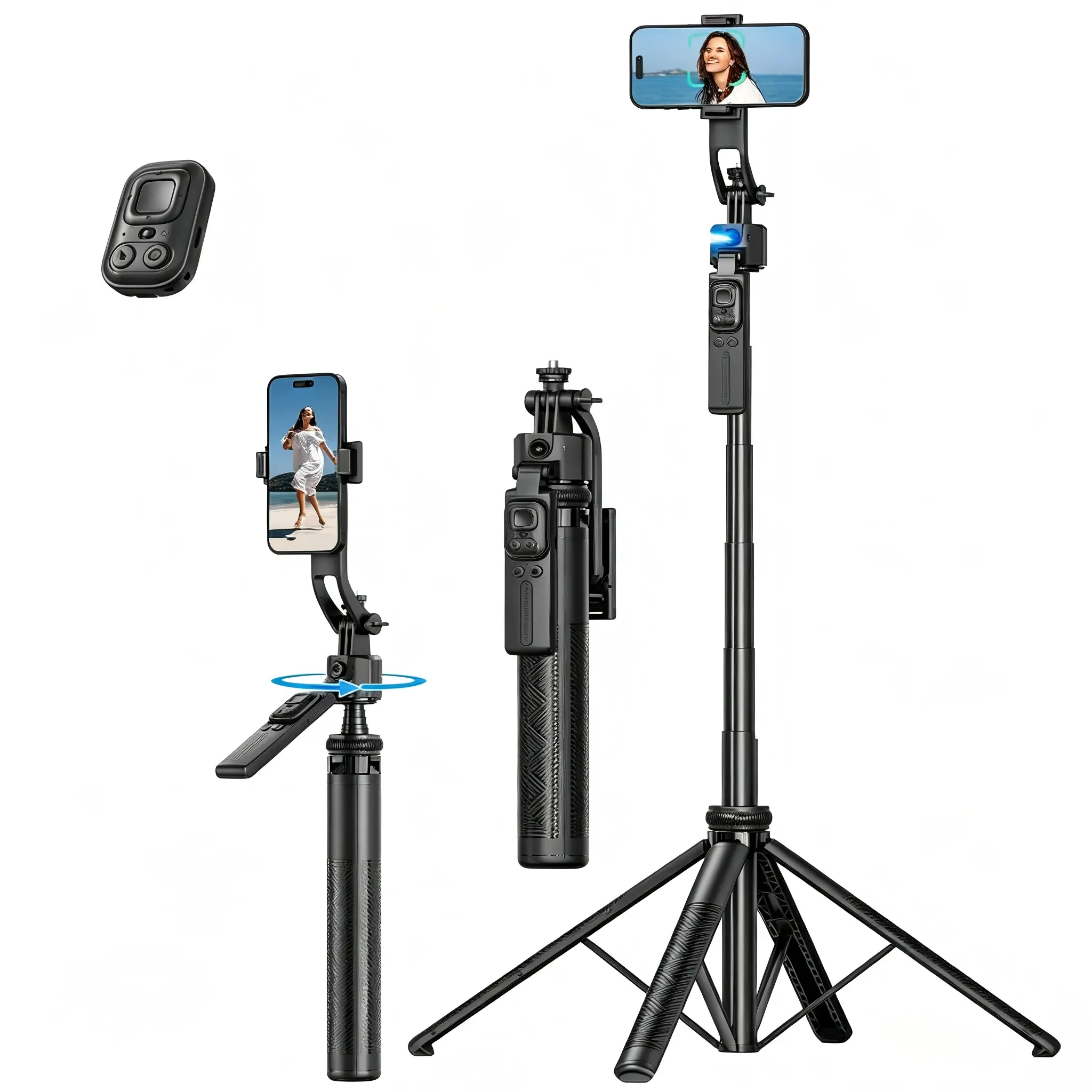 Auto-Face Tracking 4-Leg Stand, Selfie Stick with Detachable Phone Stand, Smooth Motion Shots, 360°Rotation & 63’’ Extendable, Remote Control & Universal 1/4" Screw for TikTok Vlog Video Recording, 360° Selfie Stick Stabilizers & Supports, Phone Video Rig