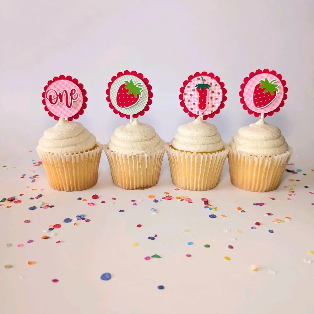Strawberry First Year Cupcake Toppers Cupcake Toppers de Fresita Primer Año Birthday Party Decorations Decoraciones para Fiestas