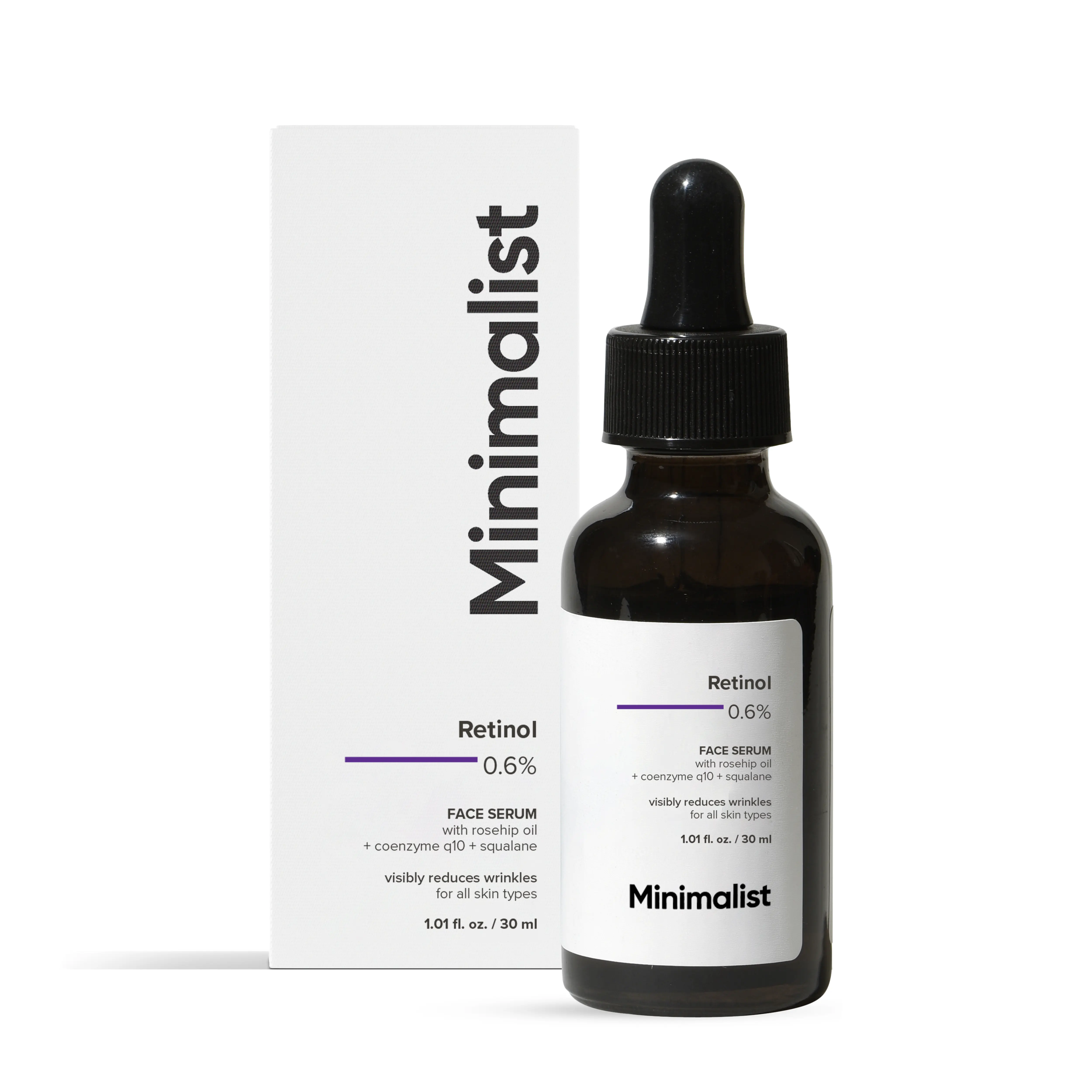 Minimalist 0.6% Retinol Mid-Strength Anti-Aging Face Serum - Fragrance-Free, Antioxidant, Coenzyme Q10, UV-Protective, Oil-Balancing Fine Line & Wrinkle Reducer for All Skin Types, 1 Fl Oz/30 ml Single Item, Antioxidant Serum