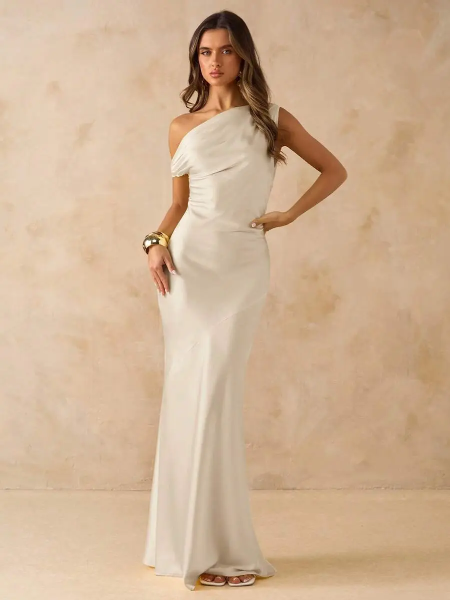 YESENIA  Women's Sexy Minimalist Solid Yellow Satin Asymmetric One Shoulder Hollow Back Tie-Up Backless Maxi Dress, Suitable For Parties, Cocktail Events, Formal Occasions, Bridesmaid Dresses, Birthday Dresses, Spring/Summer