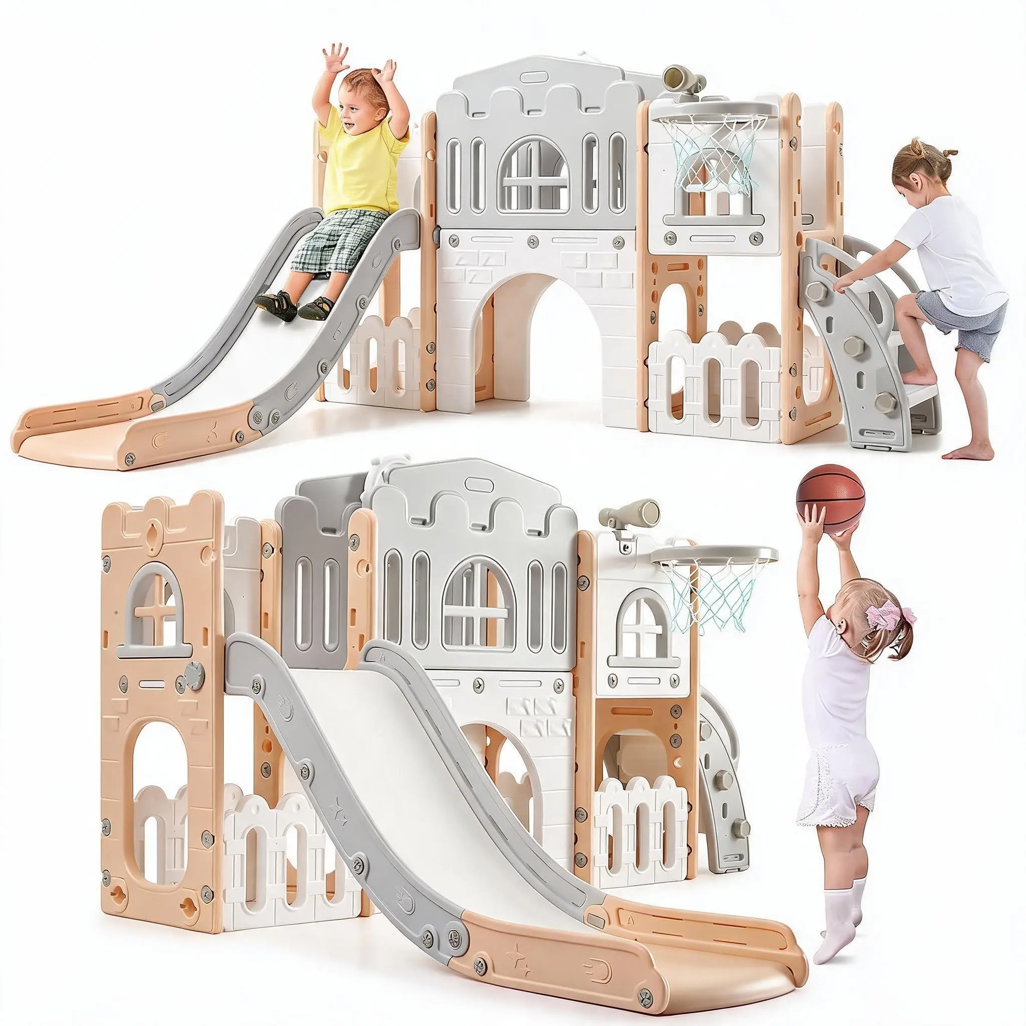GAOMON 8-in-1 Toddler Playground Set – Slide, Climber, Basketball Hoop, Tunnel, Telescope, Steering Wheel, Toy Storage – Safe HDPE Freestanding Activity Center for Ages 1-3, Powder Gray, American Standard