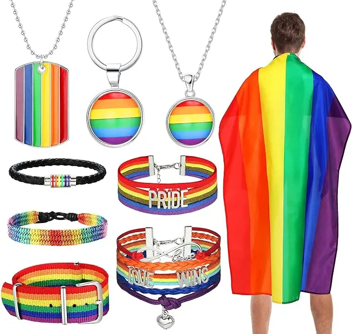 LGBTQ Accessories Pride Flag, Pride Braided Bracelet, Rainbow Striped Necklace and Pride Keychain Rainbow Pride Jewelry Set Gay Pride Stuff for Gay Lesbian Gift Outdoor Parade