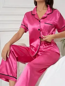 Women's Plain Faux Silk Short Sleeve Button Pajama Set, Fitted Casual Sleepwear, Loungewear, Long Pants, Comfortable Nightwear for Women, Pyjamas, Pjs, Bottoms