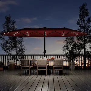 15 ft Rectangular Patio Umbrella with Base Included - Large Patio Umbrella with Crank Handle 36 LED Lights, UV Protection for Outdoor Market, Backyard, Deck, Pool,Wine Red Solar Parasol Heavy Duty Canopy