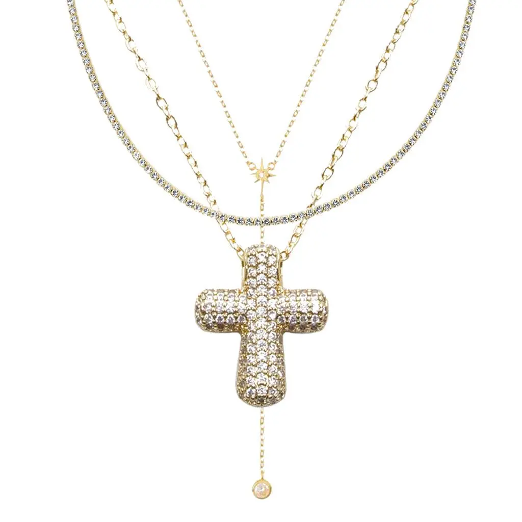 EVRY JEWELS Gold or Silver Plated Women's Icy Cross 3-Piece Necklace Bundle