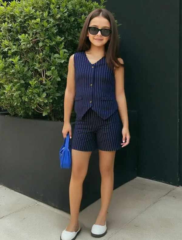 Ready Stock 2Pcs Preppy Style For 7-14Y Kid Girls Elegant Stripes V Neck Buttons Vest Tops and Shorts Set Summer Clothes 42503014