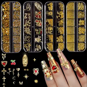 4 Boxes Gems Set & Gold Nail Charms Nail Gems Pearls Art Tools 3D Cross Heart Rhinestones for Nails Supplies Design Kit