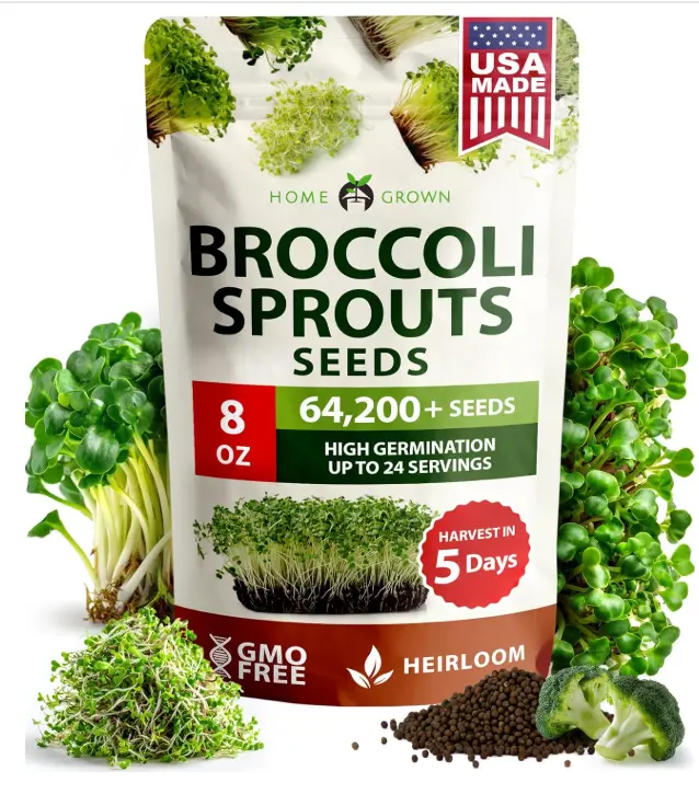 HOME GROWN Broccoli Seeds 8 oz Bulk Heirloom Non-GMO, High Germination, Sulforaphane Rich Sprouting Seeds, Nutritious Microgreens, Healthy Sprouts in 5 Days, Superfood Boost (Brassica oleracea)