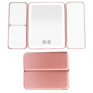 LED Light Makeup Mirror, 1 Count USB Rechargeable 1X 3X 5X Magnifying Mirror, 3 Colors Brightness Adjustable Portable Trifold Mirror for Travel, Christmas Gift Ideas, Stocking Stuffers