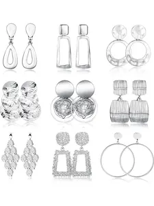 9 Pairs Clip on Earrings for Women High Quality Earrings Wedding Set Earrings Statement Clip On Earrings Gold Plated Large Geometric Clip Earrings Square Rectangle Round Clip Dangle Earrings Non Pierced Earrings Set