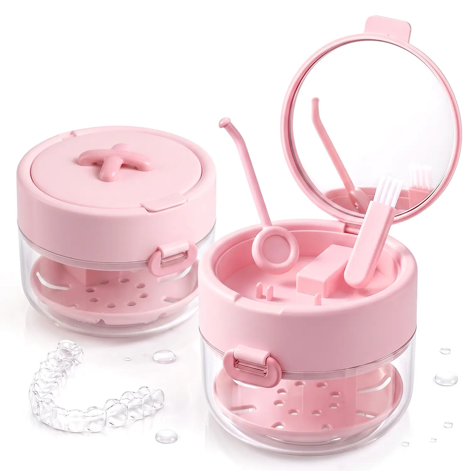 Retainer Cleaner Case with Auto-Lifting Strainer, Leak Proof Denture Cleaning Cup with Strainer Basket, Travel Cleaning Storage Holder for Retainers, Aligners, Night Guards