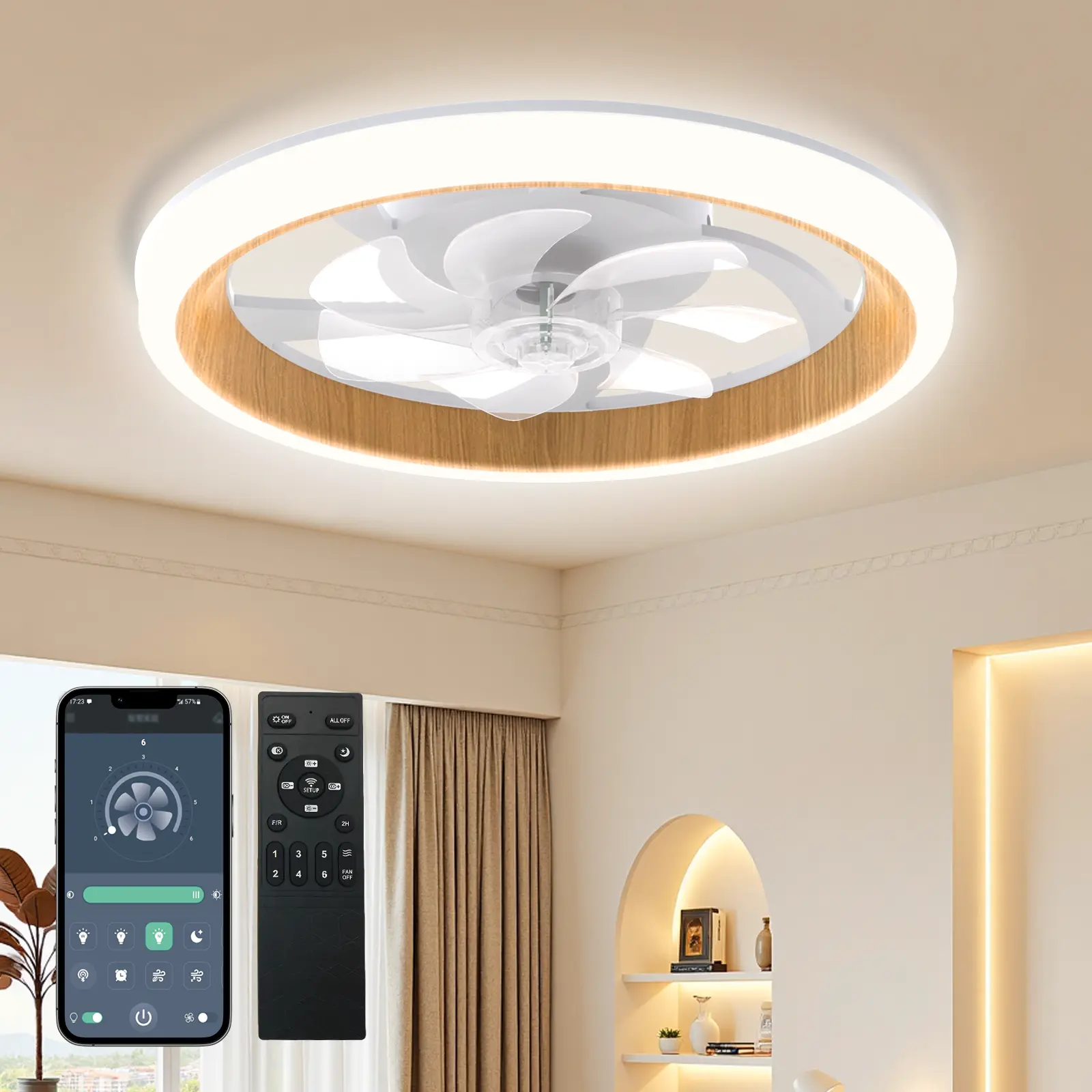 DEMILARE 18.9" Wood Grain Ceiling Fan with Light, Modern Flush Mount Smart Fan, 17.7" Low Profile Ceiling Fans with Remote, LED Dimmable, 6 Speed Reversible Motor, Quiet Fan for Bedroom, Kitchen, Farmhouse & Classic Room Decor, SummerFinds,Summer Turn Up