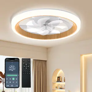 DEMILARE 18.9" Wood Grain Ceiling Fan with Light, Modern Flush Mount Smart Fan, 17.7" Low Profile Ceiling Fans with Remote, LED Dimmable, 6 Speed Reversible Motor, Quiet Fan for Bedroom, Kitchen, Farmhouse & Classic Room Decor, SummerWins,DealsForYouDays