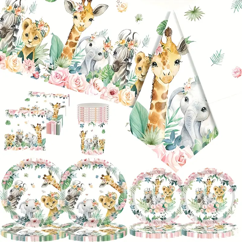 145-Piece Disposable Watercolour Safari Baby Animal Party Supplies Set - Giraffe Print Flower Woodland Tableware, Plates, Hot/Cold Safe Disposable Cups, Napkins, Cutlery, Tablecloth in Box for Baby Shower, Kids Birthday