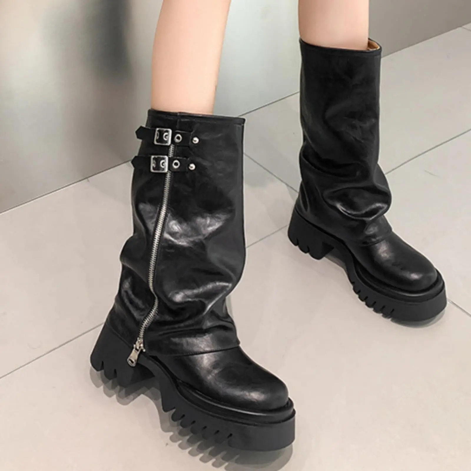 Women  Fold Over Zipper Buckle Riding Boots Mid Calf Boots Wide Calf Platform Tall Boots Cowboy Biker Motorcycle Party Boots
